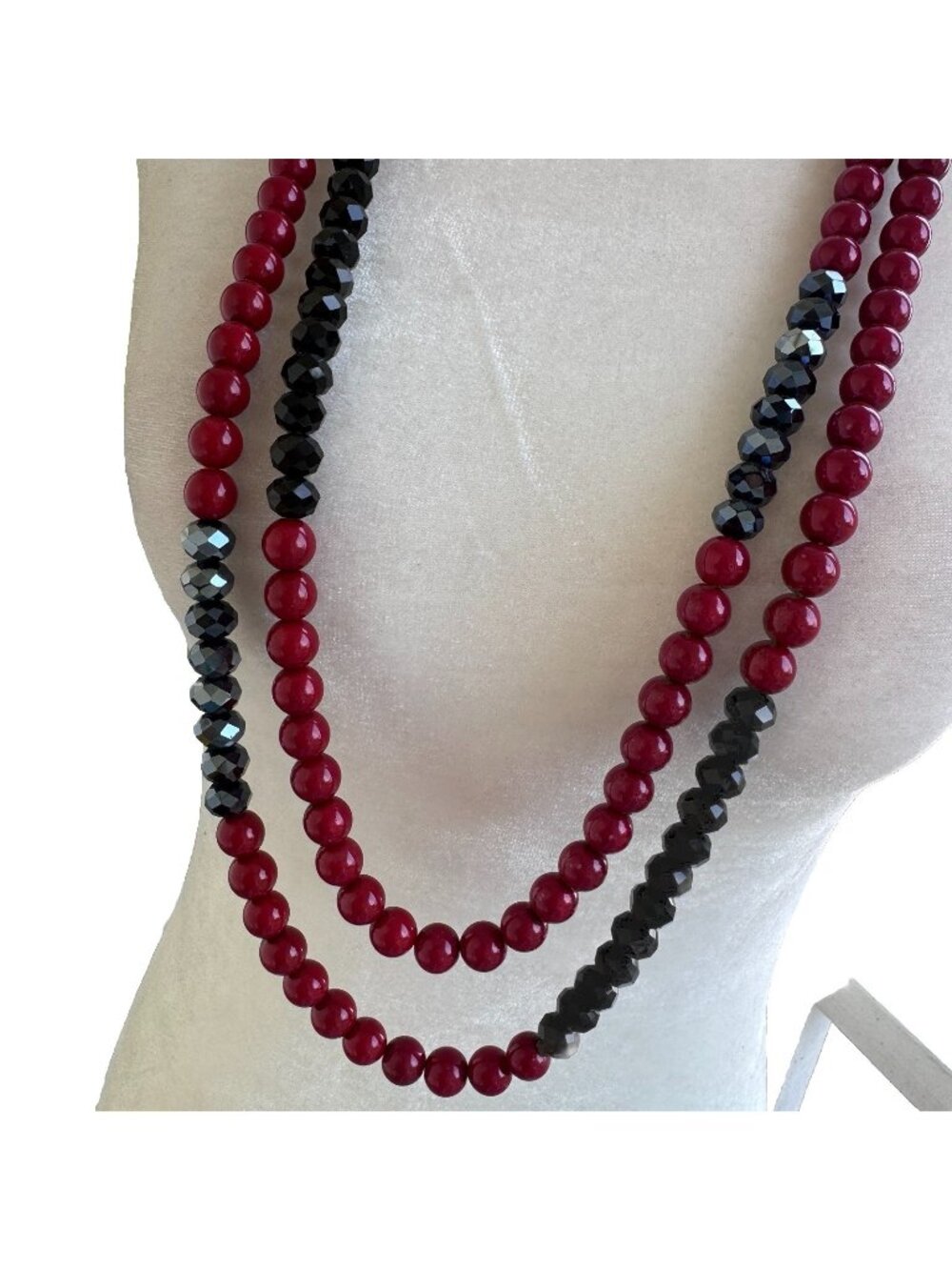 Kissaka Red Black Graphite Beaded Double Strand Long Necklace Adjustable
